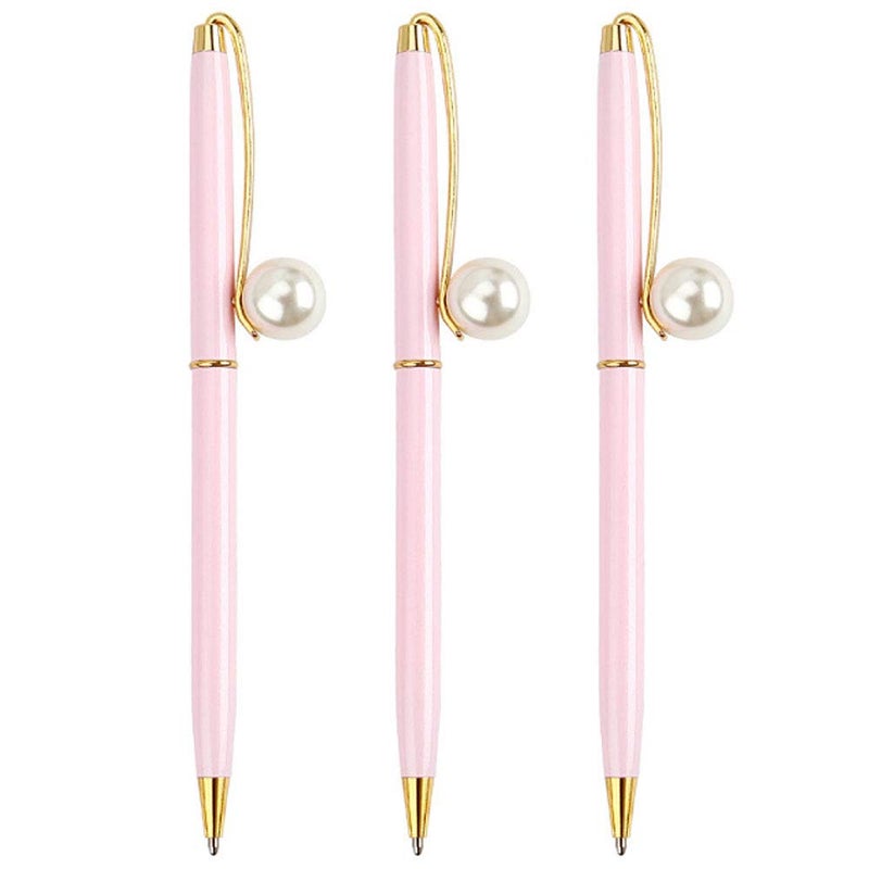 Monique 3 Pcs Pearl Decorative Metal Ballpoint Pen Ball Pen 0.7mm Fine Tip Black Ink Pink - Image 1
